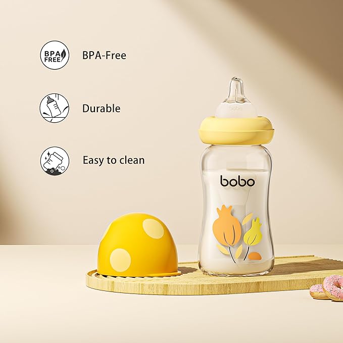 YOHKOH Natural Glass Baby Bottle with Level 1 Slow Flow Nipple, Newborn Anti-Colic Baby Bottles, Wide Neck Mushroom Baby Glass Bottle (Yellow, (5.4oz (Pack of 2))