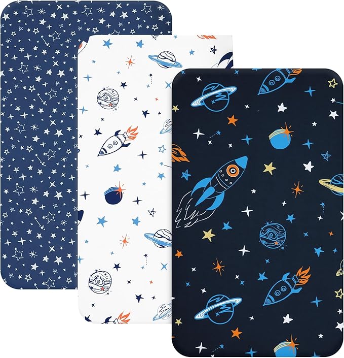 david's kids 3 Pack Mini Crib Sheets, Soft Breathable Premium Pack N Play Sheets for Baby Boys Girls Neutral, Playard and Mini Crib Mattresses, Space