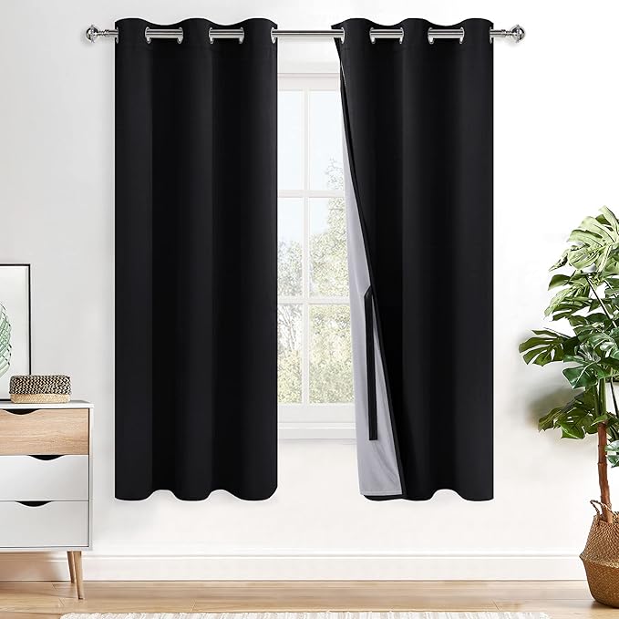 XWZO Complete Blackout Shades Window Curtain Panels with Tiebacks- Noise Reduction and Light Blocking Grommet Curtains with Black Liner for Studio, Basement Room, Black, W38 x L72, Set of 2
