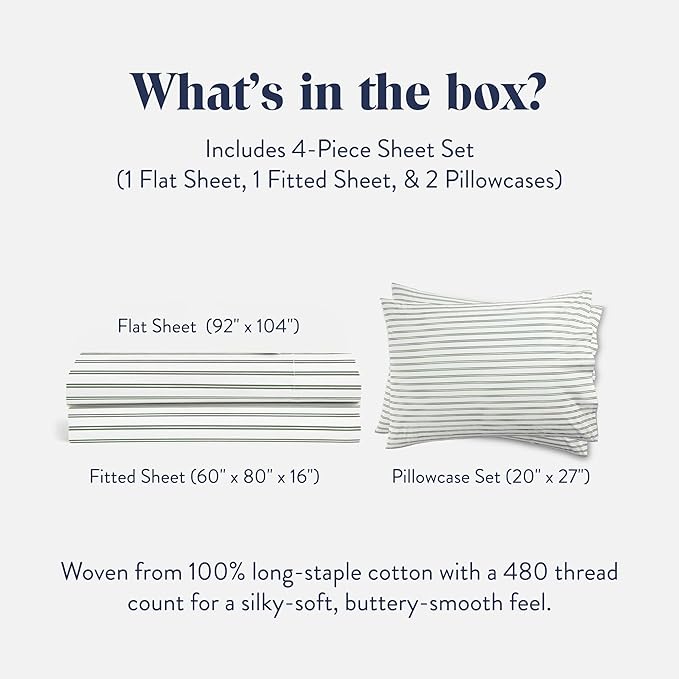Brooklinen Luxury Sateen 4 Piece Sheet Set - 100% Cotton Bed Sheets, Durable Queen Size Sheets Set in Green Tandem Stripe, Oeko-TEX Certified Bedding Set, 1 Fitted Sheet, 1 Flat Sheet, 2 Pillowcases