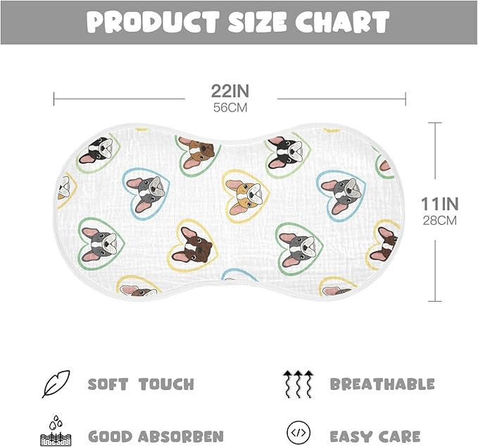 Qinllo 2 Pack Muslin Burp Cloths Bulldog Hearts White Cotton Baby Burp Cloths Absorbent Burping Cloth Soft Spit Up Rags for Newborn Babies Boys Girls 22x11 Inch