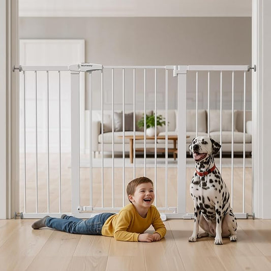 Mumeasy 29.7-57" Extra Wide Baby Gate, Auto Close Large Dog Gate for Doorways, No Drilling Pressure Mounted Pet Safety Gate for Stairs, Easy Walk Through Child Gate for Hallways, House, Indoor, White