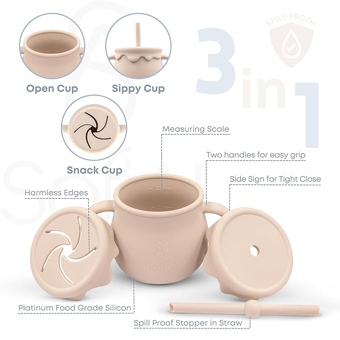 SofiAl All In One Silicone Feeding Set - Safe for 6-12 Months - Non-Toxic Baby Led Weaning Supplies - Toddler Self Feeding Utensils - BPA-Free - Mess Free Essentials