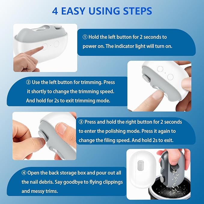 Smart Electric Nail Clipper, 3-in-1 Automatic Nail Trimmer & Polisher with 2 Speeds, LED Light, Rechargeable Nail Clippers for Seniors, Low Vision, Women, Men and Kids (White)