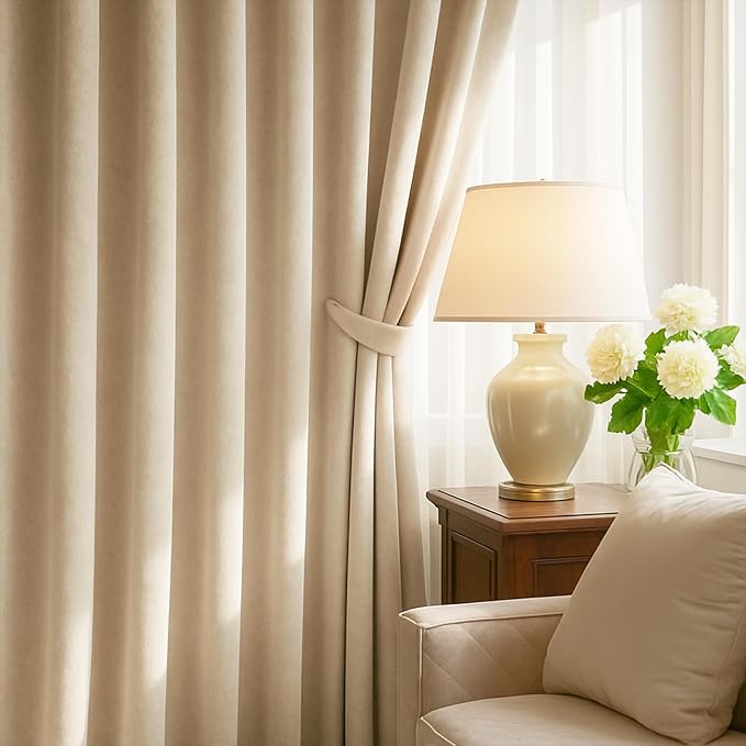 Topfinel Beige Velvet Blackout Curtains 84 Inches Long, Grommet Curtains Room Darkening Thermal Insulated Soundproof Modern Nursery Spring Drapes Home Decor for Living Room Bedroom 2 Panels