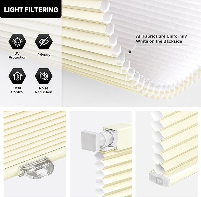LazBlinds Cordless Cellular Shades, No Tools No Drill Light Filtering Honeycomb Shades Pleated Blinds for Windows, 23.5'' W x 48'' H, Cream