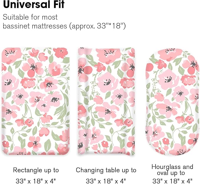 Little Grape Land Bassinet Sheets 4 Pack, 33" x 18" Fitted Bassinet Sheets Up to 4" Deep Pocket, Ultra Soft Baby Bassinet Fitted Sheets for Bassinet Mattress, Rose Garden