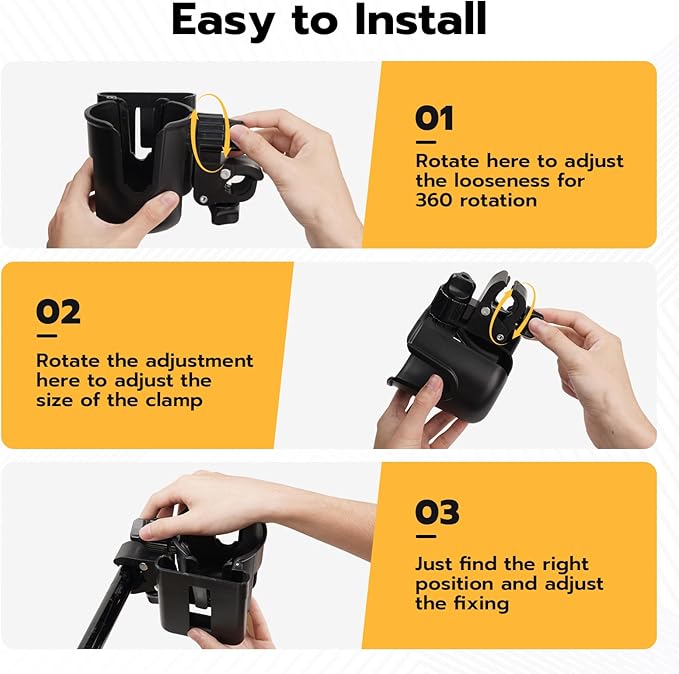 2pc Stroller Cup Holder with Phone Holder, Removable 2-in-1 Drink Holder for Golf Cart Accessories, 360 ° Rotatable Bottle Holder for Wheelchair, Stroller, Bicycle,Scooter, Walker