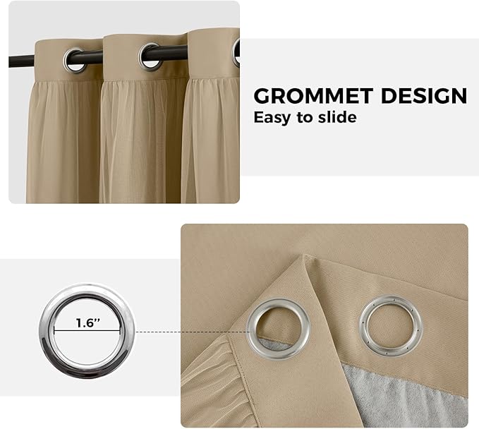 100% Blackout Curtains for Bedroom, Double Layer Khaki Curtains, Black Out Curtain 63 inch Long with Sheer Overlay for Living Room, Room Darkening Window Drapes with Grommet, 52" W x 63" L
