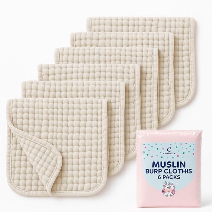 Comforista Baby Burp Cloths 20"x10" Large Size Pack of 6, Beige Muslin Washcloths Super Absorbent, Soft on Sensitive Skin,No Shrinkage Baby Girl Newborn Essentials