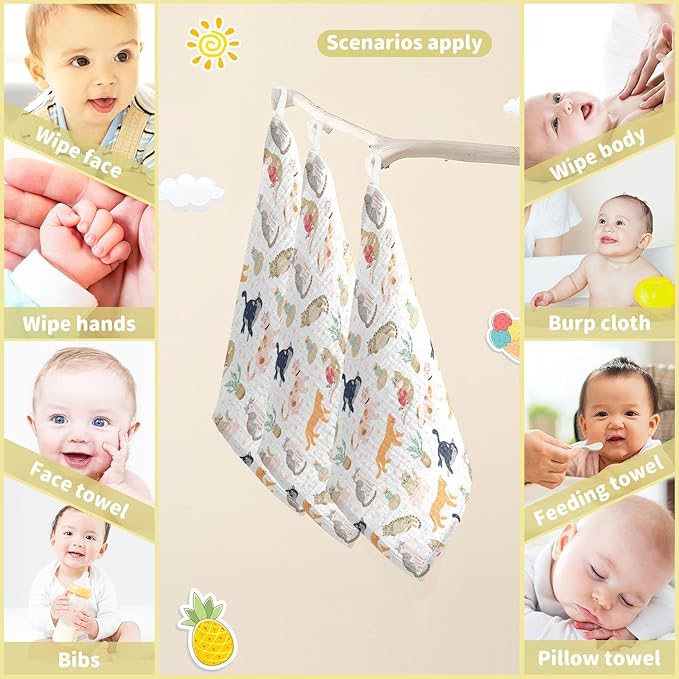 vvfelixl Baby Washcloths Cotton Funny Cats Cactus Baby Muslin Washcloths Soft Baby Face Towel for Newborn Infants Baby Wipes, 11.8 X 11.8 Inch, 5 Pack