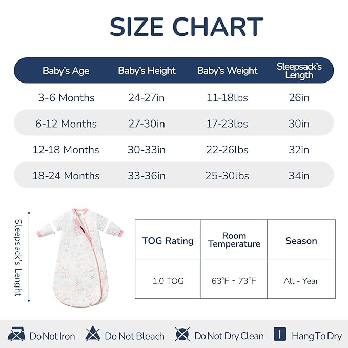 Baby Sleep Sack 3–6 Months, Cotton Sleep Sack with Detachable Long Sleeves, 1.0 TOG Wearable Blanket for Cooler Nights, 2-Way Zipper Toddler Sleeping Sack with Temperature Strip, Garden
