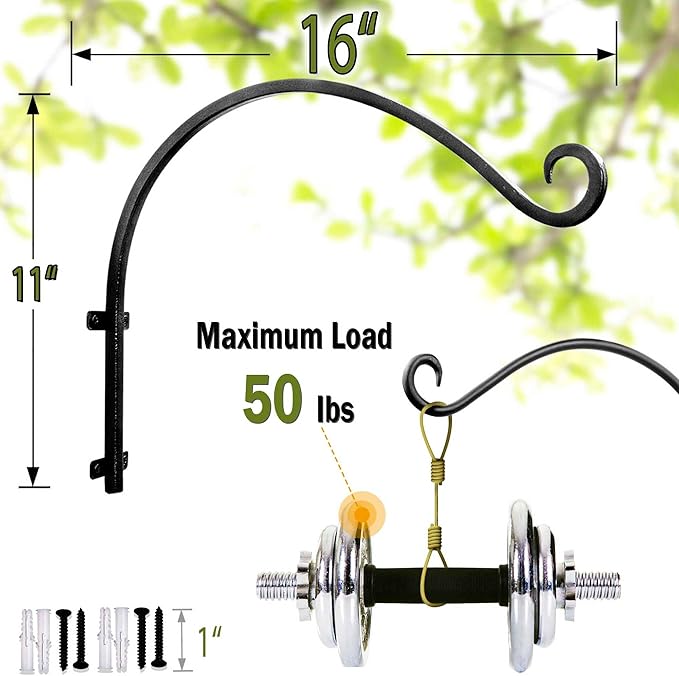 Heavy Duty Hanging Plant Bracket - 50lbs Weight Capacity Black Metal Plant Hangers Wall Hooks, 16Inch Outdoor/Indoor Wall Hooks for Large Bird Feeder, Lanterns, Wind Chimes, Flower Baskets