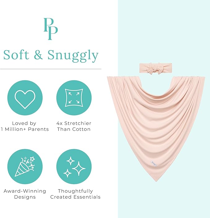Posh Peanut Swaddle Blanket & Headband Set – Viscose from Bamboo Stretchy Baby Swaddle for Newborn Girls, Receiving Blanket or Nursing Cover (Sandy Blush)