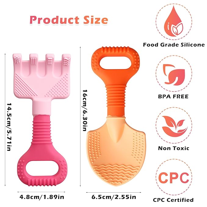 Gardening Tool Baby Teething Toys - Shovel & Rake Silicone Teethers for Babies 3-12 Months, Freezer-Safe Chew Toys for Teething Relief & Sensory Development, Ideal Stocking Stuffers & Christmas Gifts