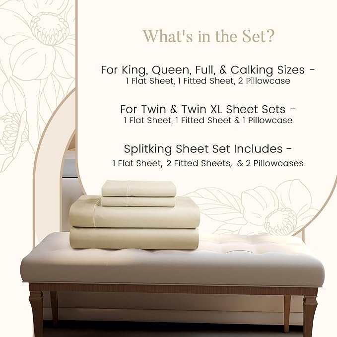 King Sheets Deep Pocket King Sheet Set,100% Cotton Bed Sheets, 800 Thread Count 4 PC Sateen Weave Luxury Bedding Sheet & Pillowcase Sets, Soft & Comfy Naturally Cool, No Pill Machine Washable- Ivory