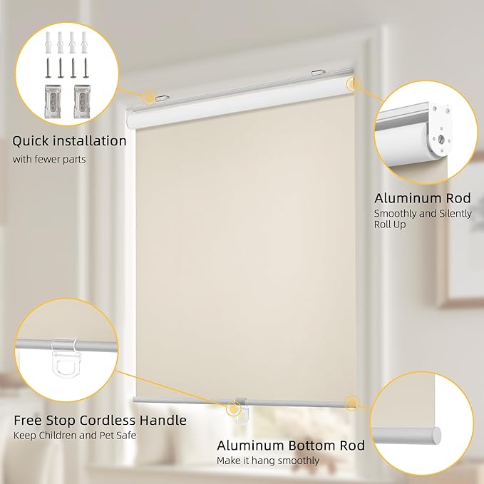 ChrisDowa Cordless Free-Stop 100% Blackout Blinds for Windows, Roller Windows Shades with Thermal Insulated, UV Protection Fabric for Living Room, Office and Home. Easy to Install.Beige,36" W X 72" H