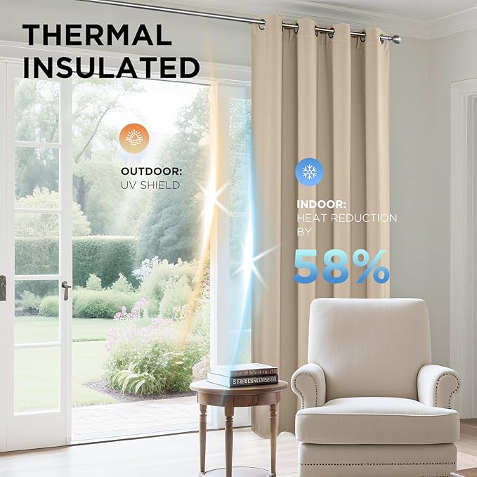 Joydeco Blackout Curtains 108 Inches Long 1 Panel, Thermal Insulated Long Curtains& Drapes 1 Piece, Room Darkening Grommet Drapes for Living Room Bedroom Window (W70 x L108 Inch, Light Beige)