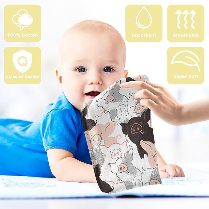 Vvfelixl Baby Muslin Washcloths Soft Baby Face Towel for Newborn Infants, 11.8 X 11.8 Inch, 3 Pack, Cotton, Piglets, Animal, Compact, Heavyweight