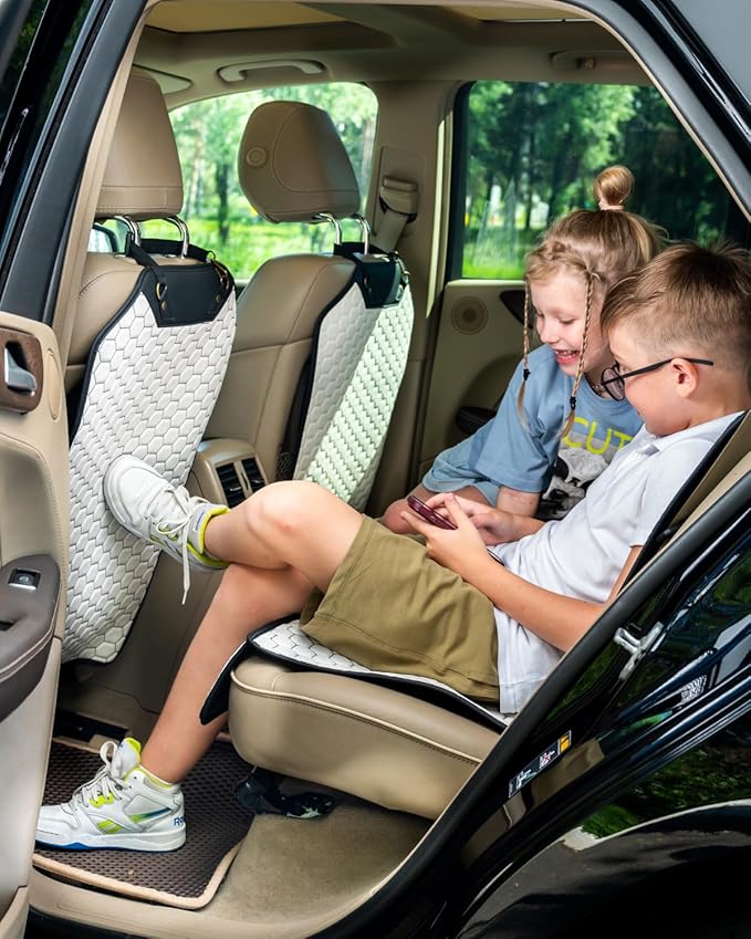 Owleys Kick Mat Back Seat Protector - Car Back Seat Cover for Kids Feet - Waterproof & Sturdy Protector for Upholstery from Dirt, Mud, Scratches and Stain (White 2 pcs)