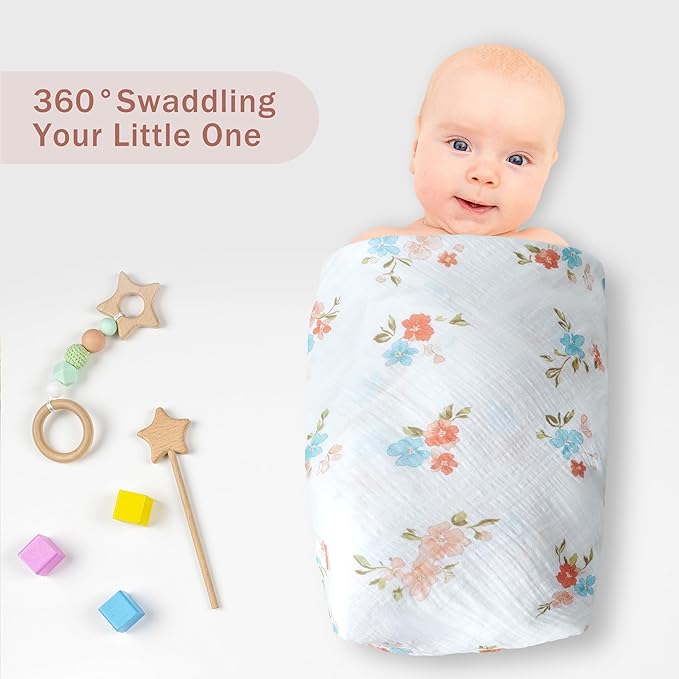 3-Pack 100% Cotton Muslin Swaddle Blankets, Large 47 x 47 Inches — Breathable Soft Receiving Blankets for Newborns, Swaddling Wraps, Registry Gift (Pink Floral Garden)