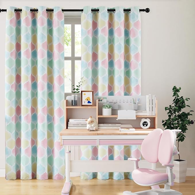 Full Blackout Curtains 95 Inches Long 2 Panels Multi-Color Moroccan Geo Lattice Drapes Room Darkening Thermal Insulated Grommet Window Treatments Sets for Nursery Girl Baby Bedroom, 52" W