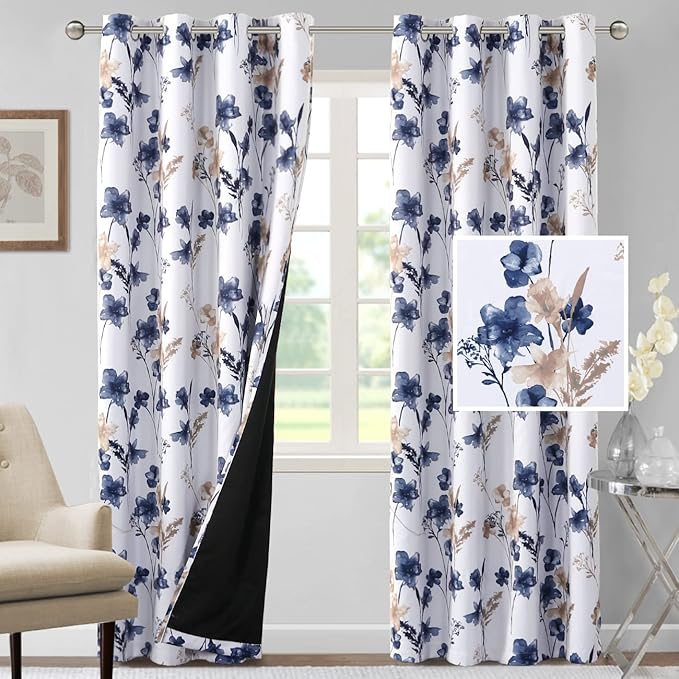 H.VERSAILTEX 100% Blackout Curtains 96 inch Length 2 Panels Set Cattleya Floral Printed Drapes Leah Floral Thermal Curtains for Bedroom with Black Liner Sound Proof Curtains, Navy and Taupe