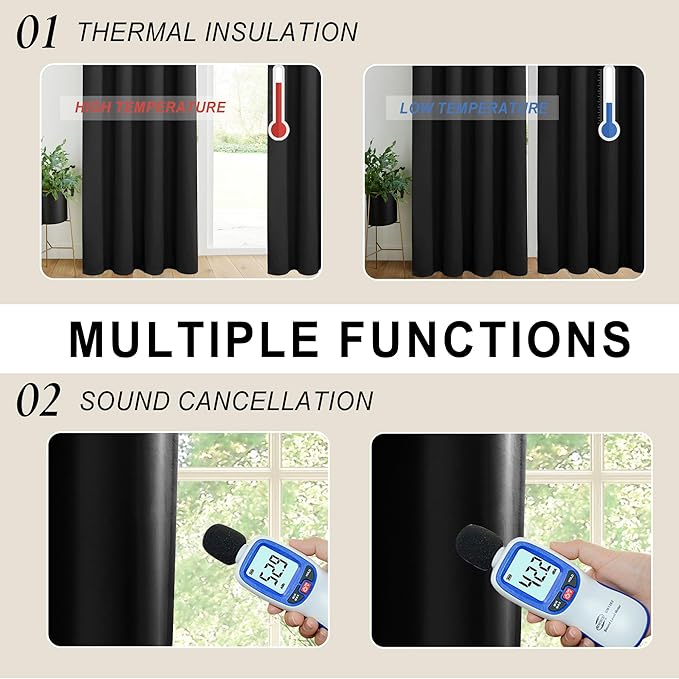 XWZO 100% Blackout Window Curtains - Thermal Insulated & Noise Reduction Black Liner Rod Pocket & Back Tab Window Treatment Sewn with Tiebacks for Bedroom/Living Room, Black, W42 x L63, Set of 2