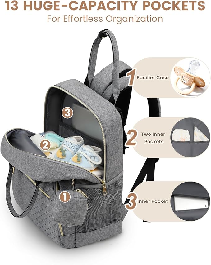 Diaper Bag Backpack,Baby Essentials Diapers Bag with Pacifier Case,Multipurpose Stylish Large Capacity Travel Backpack for Baby Girl/Boy(M-Gray)