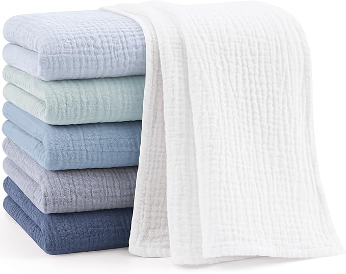 Bearmoss 6 Pack Muslin Burp Cloths and Baby Washcloths, 23.6" X 23.6" 100% Cotton Absorbent Large Baby Burping Cloths for Boy, Girl, Newborn Essentials (Blue)