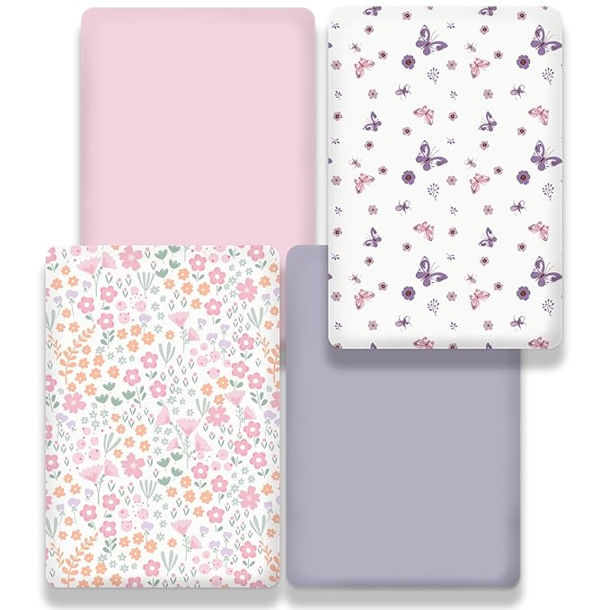 Little Grape Land Mini Crib Sheets 4 Pack, Pack n Play Sheets Fitted 38 x 26 for Boys and Girls, Pack and Play Sheets Compatible with Graco Pack n Play Playard, Sea Breeze