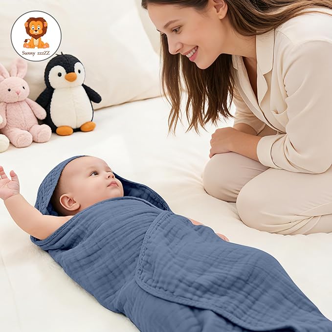 Sunny zzzZZ Muslin Hooded Baby Bath Towels - 3 Pack 100% Cotton Soft Low-Saturation Pastel Towels Including Classic White for Newborns, Infants, Toddlers - 32x32 Inch - Light Navy and White