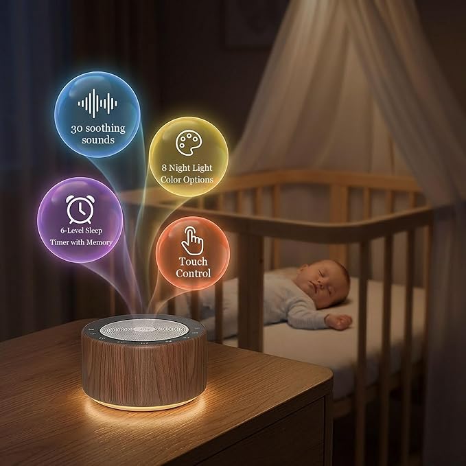 Kipcush White Noise Machine with Night Light – Nursery Sound Machine with Soft Non-Glare Lamp, 30 Soothing Sounds, 8 Color Lights, Up to 8-Hour Timer for Baby & Adults