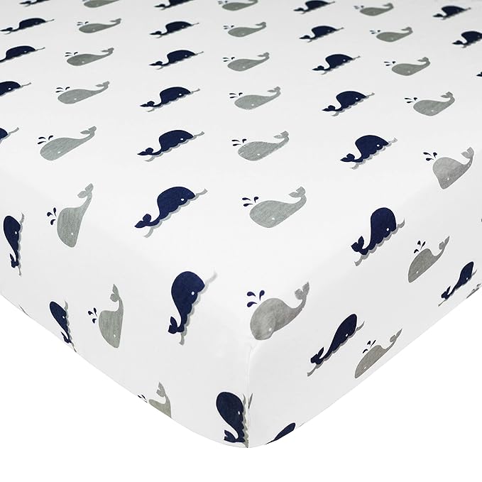 American Baby Company 2 Pack 100% Natural Cotton Fitted Crib Sheets 52" x 28" - Soft, Breathable, Hypoallergenic & Gentle Toddler Bed Sheets, Navy Whale/Grey Zigzag, Neutral for Boys & Girls