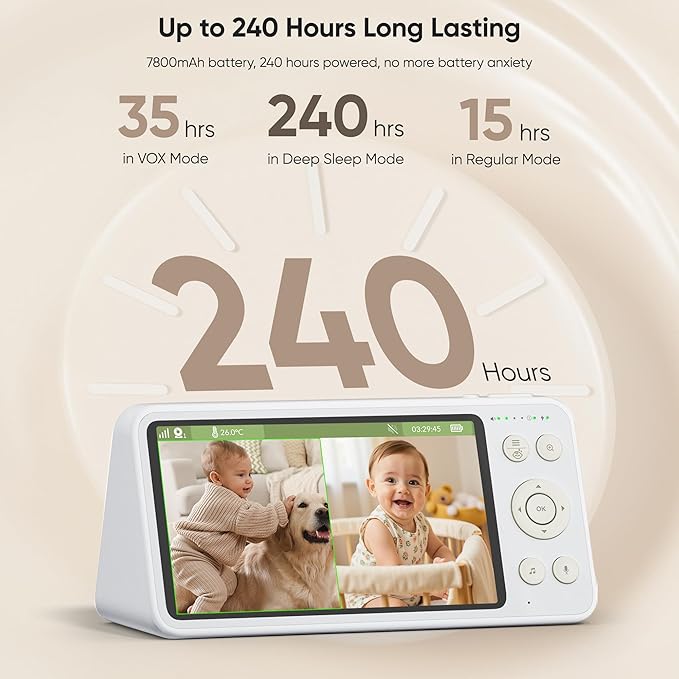 bonoch 2K 5.5" Split Screen Baby Monitor with 2 Cameras, 240hrs Battery Dual Video Monitor, White Noise, 1600ft Long-range, Hack-Proof No WiFi, Night Vision, Smart Detect for Cry/Sleep Turnover/Motion