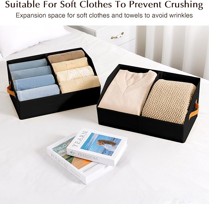 Closet Organizers and Storage Bins - 6 Pack Collapsible Divided Trapezoidal Cube Storage Bins Baskets with Orange Handle for Organizing Clothes Blankets, Toys, Books, Towels(Black)