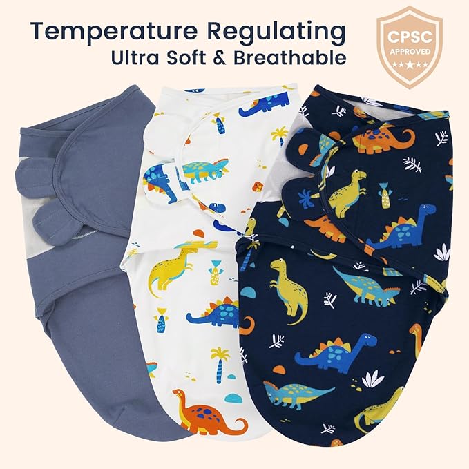 david's kids 100% Cotton 3 Pack Baby Swaddle Wrap for 0-3 Months, Soft Breathable Swaddle Blanket for Newborn Infant, Adjustable Baby Wrap Sleep Sacks for Boys Girls, Newborn Essentials, Dinosaur