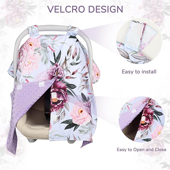 Baby Car Seat Cover, Peekaboo Opening Car Seat Canopy for Baby Girls Boys, Mom Nursing Breastfeeding Covers, Blanket for Infant, Pink Purple