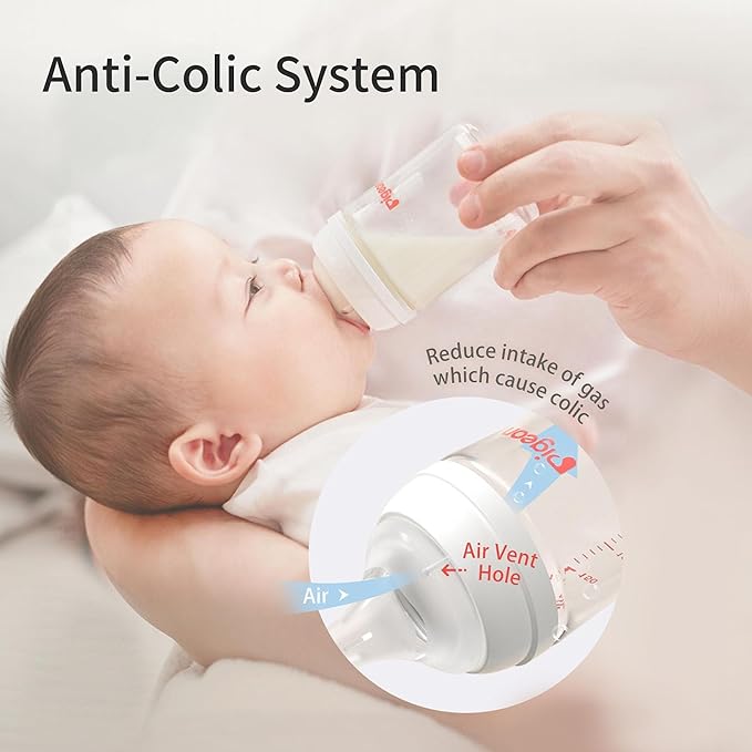 Pigeon Glass Nursing Bottle Wide Neck, Anti-Colic, Streamlined Body, Natural Feel, Easy to Clean, Heat-Resistant, 5.4 Oz (Pack of 2), Includes 2pcs SS Nipples (0m+)