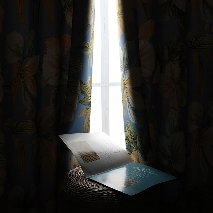 L.Z.E Blue Floral Curtains for Bedroom Light Blue Yellow Vintage Blackout Curtains 63 Inch Long 85% Room Darkening Drapes for Living Room Thermal Grommet Top 2 Panels Set Retro Short