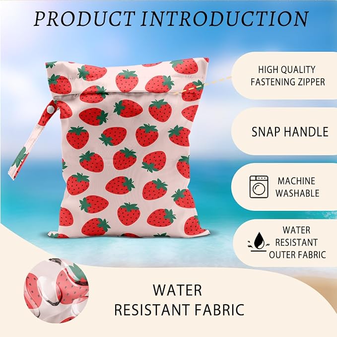 Strawberry Wet Bags 12x10 Inch, Fruits Waterproof Travel Laundry Bags, Pink Reusable Wet Dry Bag for Swimsuit Pool Beach Diapers Dirty Yoga Gym Clothes, Strawberry Gifts for Women Friend Travelers