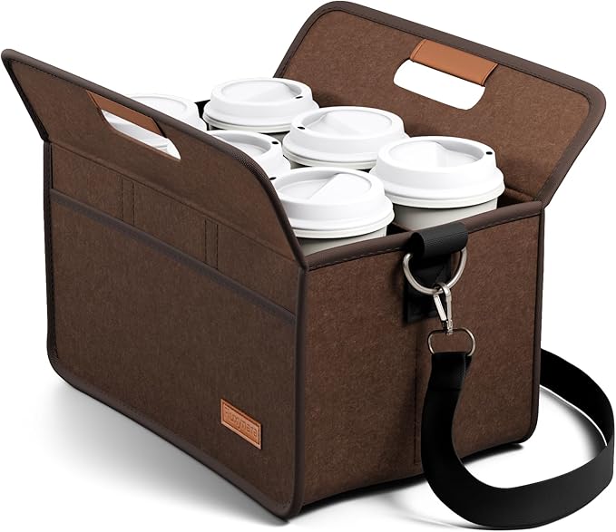 Fluxynara 6-Cup Reusable Felt Drink Carrier with Handle and Adjustable Shoulder Strap, Drink Holder for Car, Multi-Cup Drink Carrier Bag for Delivery, Travel, Picnics (Coffee Brown)