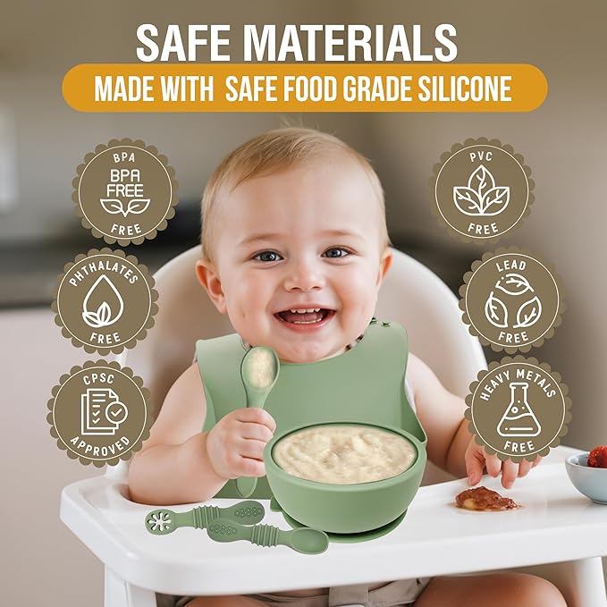 HippoBaby 6 Piece Baby Bowls With Suction and Lids | Toddler Bowl Set with 1 Bowl, 1 Bib, 2 Baby Spoons, 1 Large Spoon, 1 Large Fork, Baby Feeding Essentials (1, Light Blue)