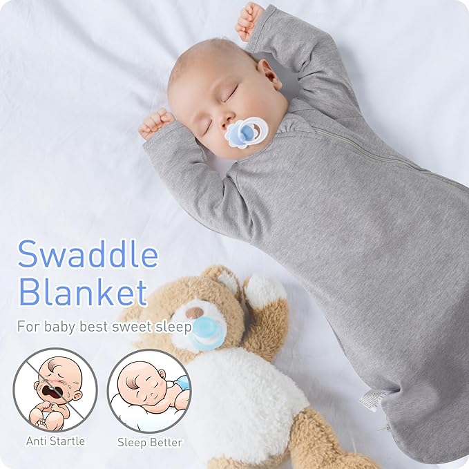 Premium Soft Cotton Transitional Swaddle Sack with Arms Up & Sleeves 6-12 Months, Mitten Cuffs, 2-Way Zipper, Sleeping Sacks for Newborns - Calms Startle Reflex, Boys & Girls Sleep Bag
