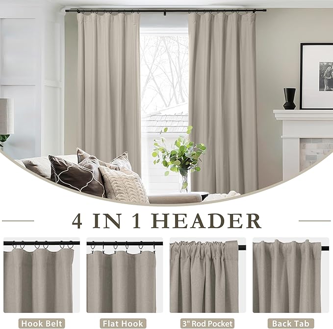 ChadMade 192 Inches Extra Long Curtains, Light Blocking Rod Pocket Back Tab Hook Belt Flat Hooks Curtains for Living Room Set of 2 Panels Privacy Curtains, Khaki, 2 Panels, 50 W x 192 L Inch