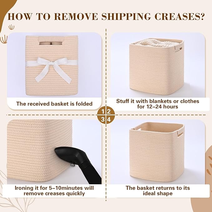 13 Inch Storage Cubes, 3 Pack Cube Storage Bins for Organizing, Cotton Rope Woven Baskets for Shelves, Bathroom, Kids Room, Closets, Baby Nursery