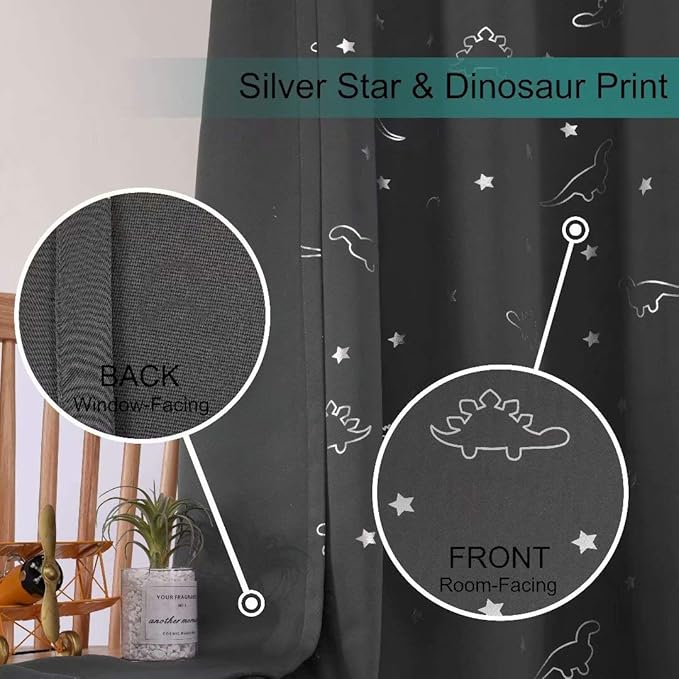 LORDTEX Dinosaur and Star Foil Print Blackout Curtains for Kids Room - Thermal Insulated Curtains Noise Reducing Window Drapes for Boys and Girls Bedroom, 52 x 63 Inch, Grey, Set of 2 Panels