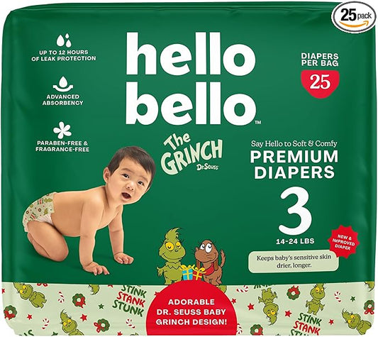 Hello Bello Diapers, Size 3 (14-24 lbs) Dr. Seuss Baby Grinch - 25 Count of Premium Disposable Baby Diapers, Hypoallergenic with Soft, Cloth-Like Feel