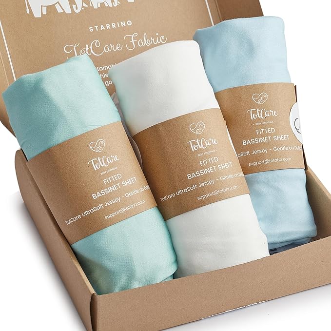 Bassinet Fitted Sheets for Arms Reach Cosleeper Versatile, Clear-Vue, Cambria and Mini - Buttery Soft, Silky Comfort, Premium Stretchy Jersey Knit Sheets - Sky + Sage + Cloud, 3 Pack