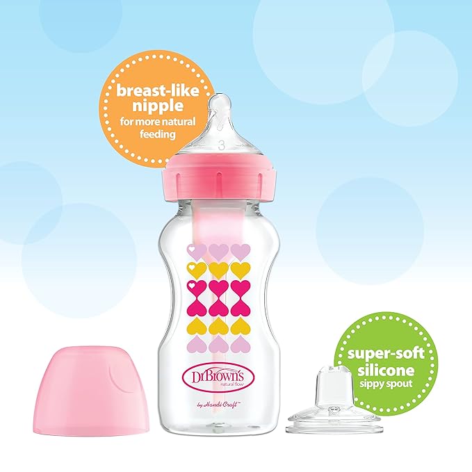 Dr. Brown’s Anti-Colic Options+ Wide-Neck Sippy Bottle Starter Kit, 9oz/270mL, with Level 3 Medium-Fast Flow Nipple and Soft 100% Silicone Sippy Spout, Pink, BPA Free, 6m+